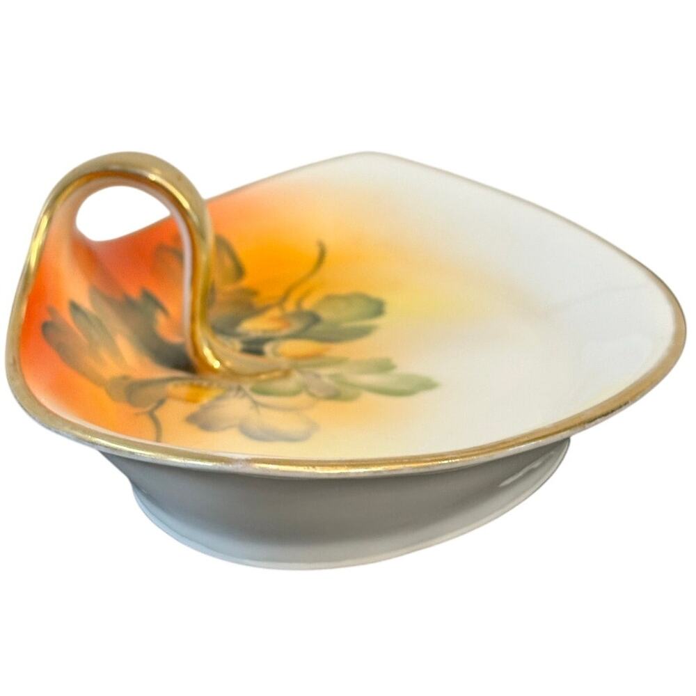 Nippon Vintage Hand Painted Japan Trinket Candy Dish with Gilded Handle